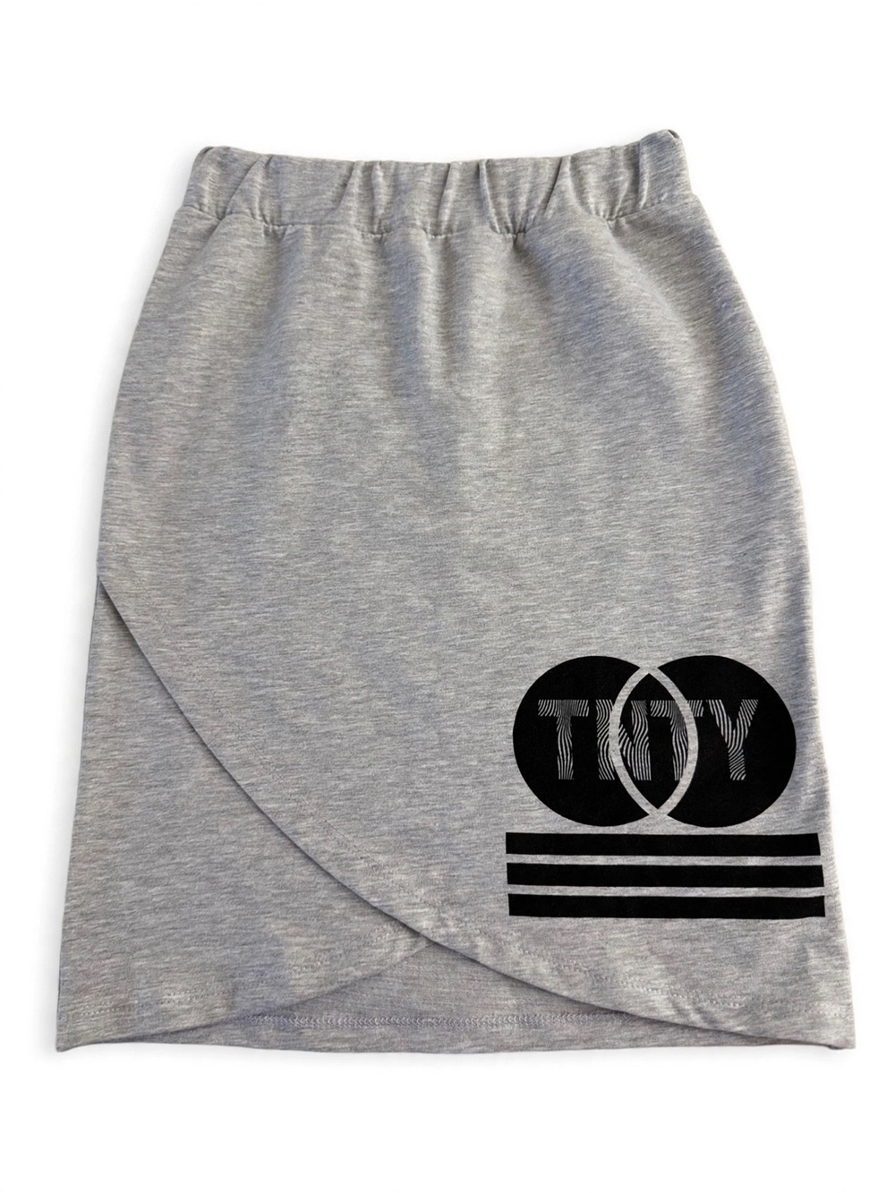 Gray Wrap-Front Skirt with Black Graphic